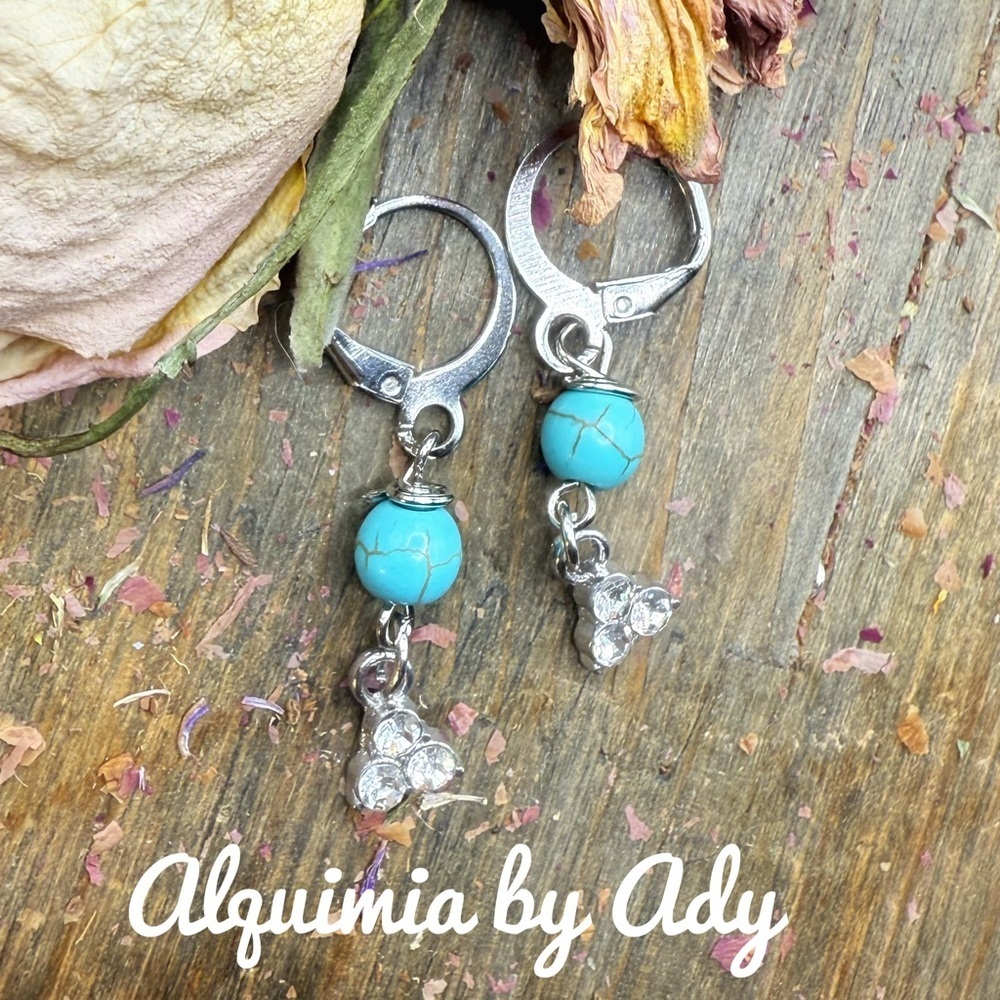 TURQUOISE silver mini hoops crystal trio dangles+ Out of the Sea Earrings